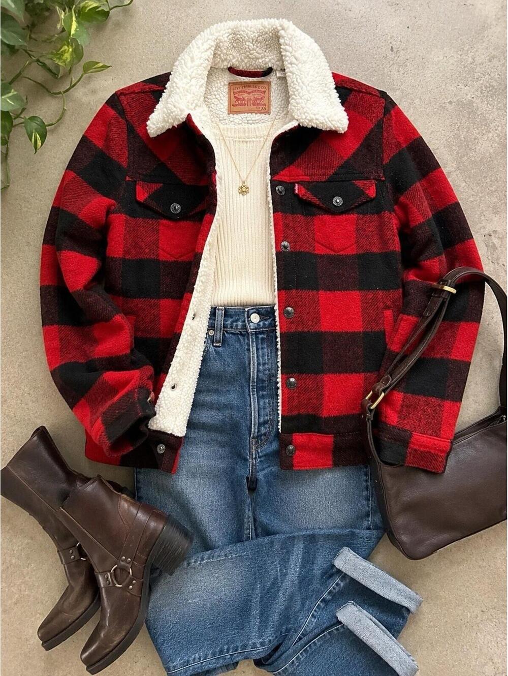 Levi’s Sherpa Lined Buffalo Plaid Jacket XS Red Black Trucker Coat